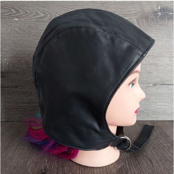 Vintage Other - Vintage Black Leather Biker Bomber Skull Aviator Motorcycle Hat Earflaps Large